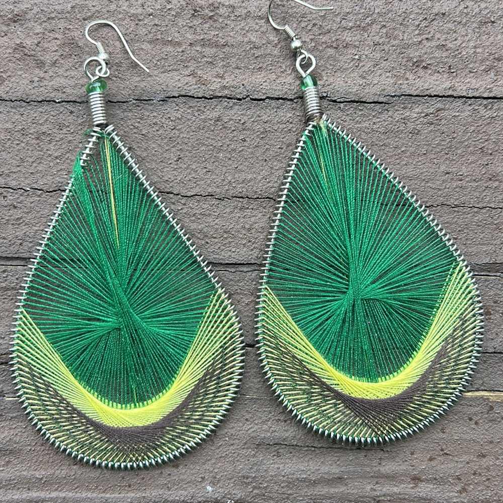 Large Beautiful Unique Green Yellow Earrings - Picture 7 of 7